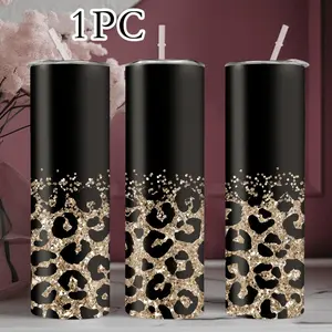 1pc 20oz stainless steel water bottle with leopard print, shiny style, fashionable pattern design, straw cup, suitable for fitness, travel, driving, daily use at home, and a great gift for family and friends, Stainless Steel Tumbler