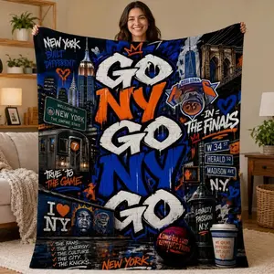 Go NY Go NY Go Throw Blanket, Blue Orange Basketball Inspired Fleece Blanket, Sports Fan Gift