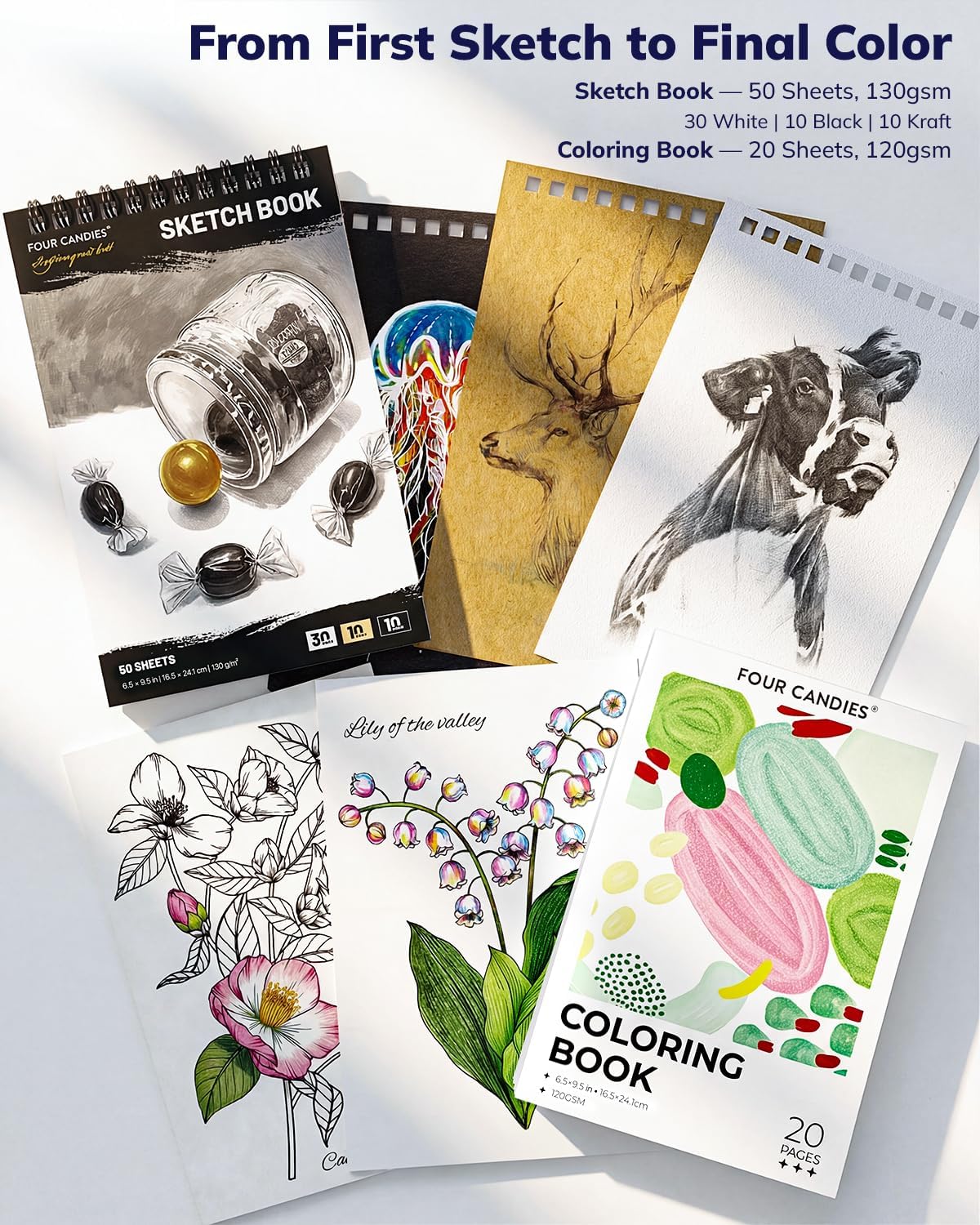 Four Candies 85 Pack Drawing Pencils Set, Sketching Art Set with Colored Pencils, Graphite Pencils in Portable Zipper Case, Supplies for Adults Teens Artists, Sketchbook & Coloring Book