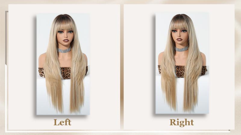 Long Straight Wig With Bangs 28inch Straight Black Wig Synthetic Heat Resistant Fiber Wig for Daily&Party everyday wear Curly Ponytail Extension Clip Tousled Updo Hair Bun Set