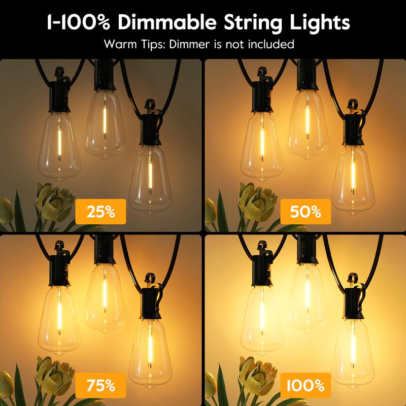 Brightown christmas Outdoor String Lights with Shatterproof ST38 Dimmable Edison Bulbs, Waterproof, 2700K Warm Light, Perfect for Backyard, Patio, Garden, Deck, Party, and Xmas Decor, Great Gift Idea Led Lighting