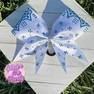 Cheer Bow Rhinestone White Satin Teal Rhinestones