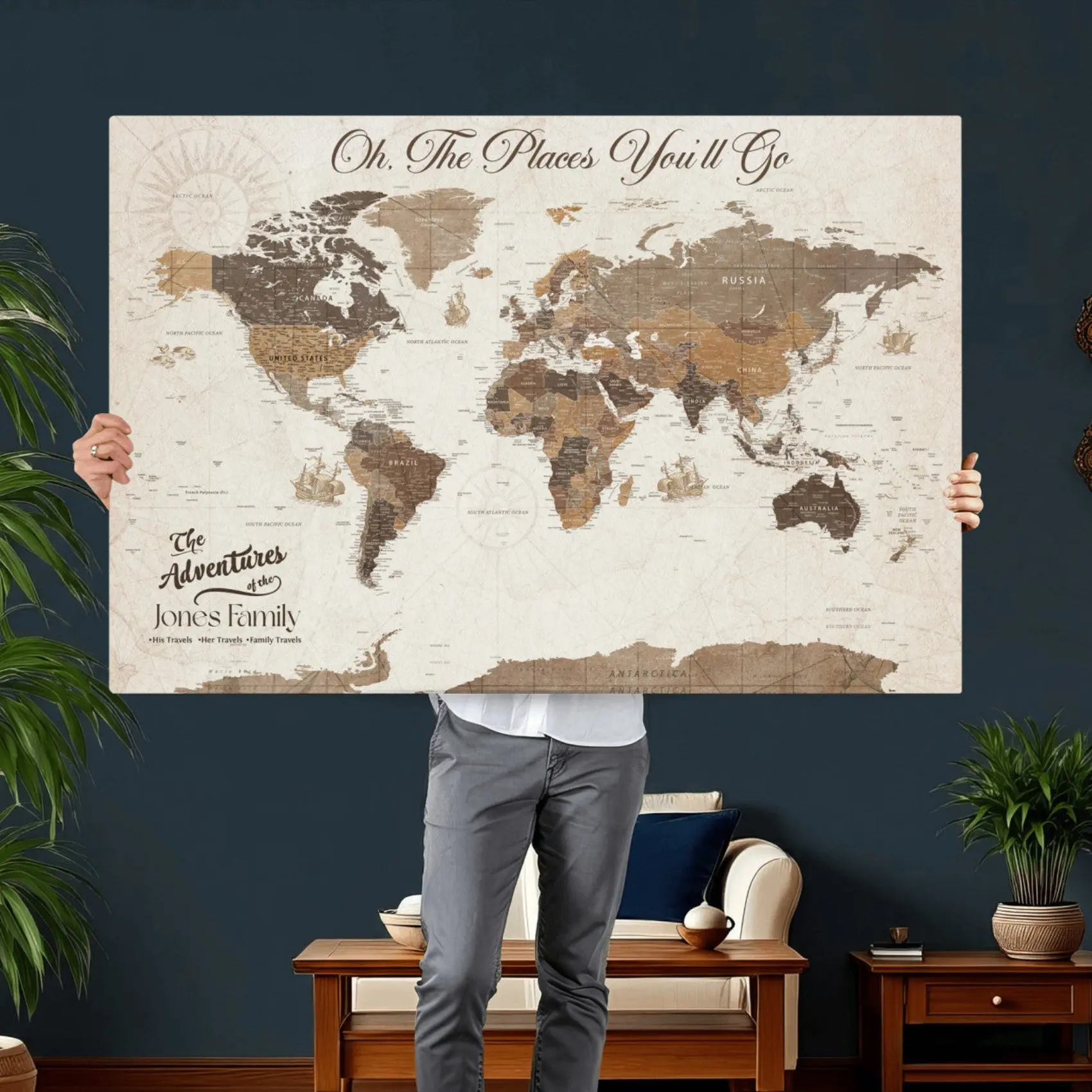Personalized World Map Wall Art Canvas Print – Custom Push