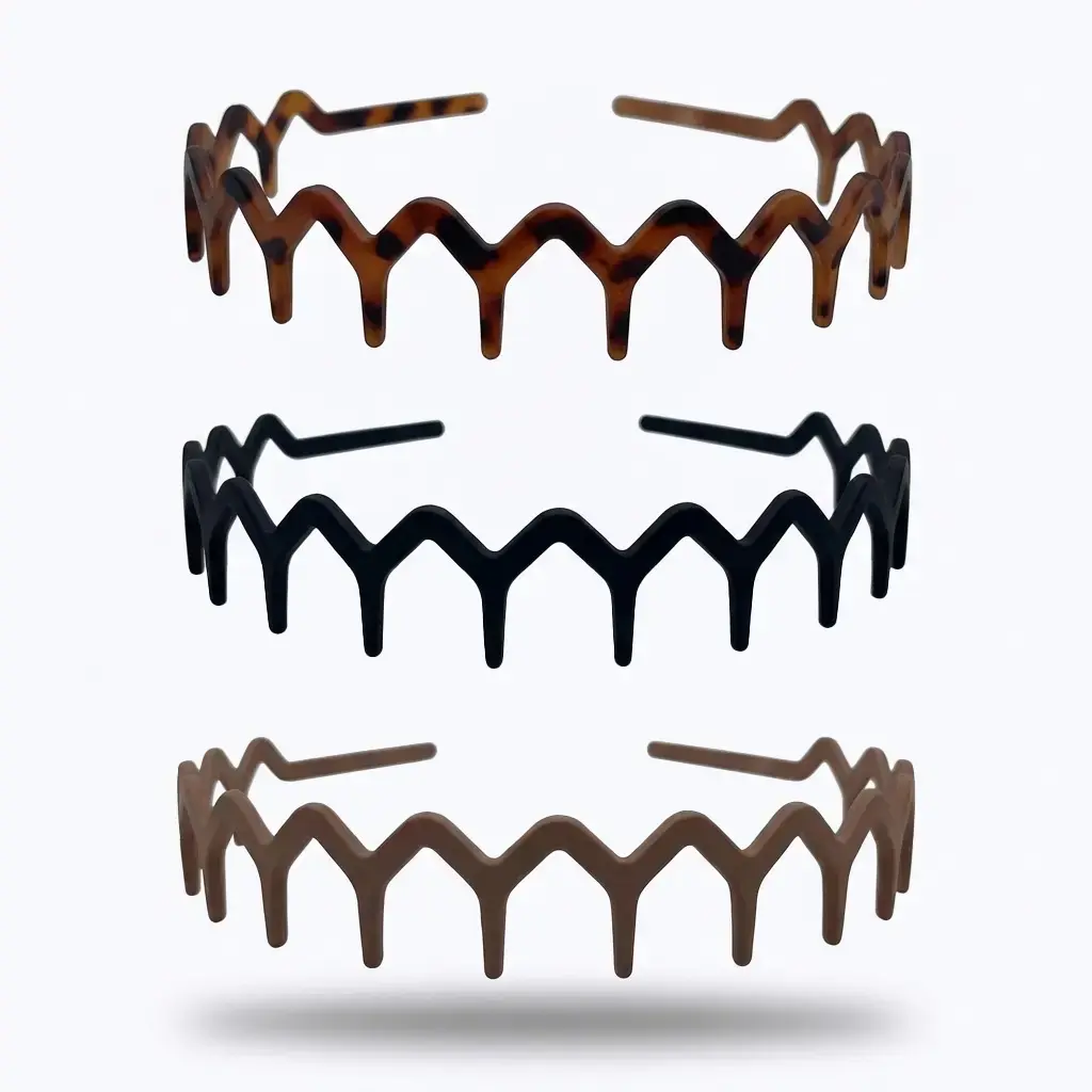 Women’s Zig Zag Headbands, 3-Pack Flexible Wavy Resin Headbands, Non Slip Fashion Hair Accessories, Tortoiseshell, Black & Milk Tea Brown