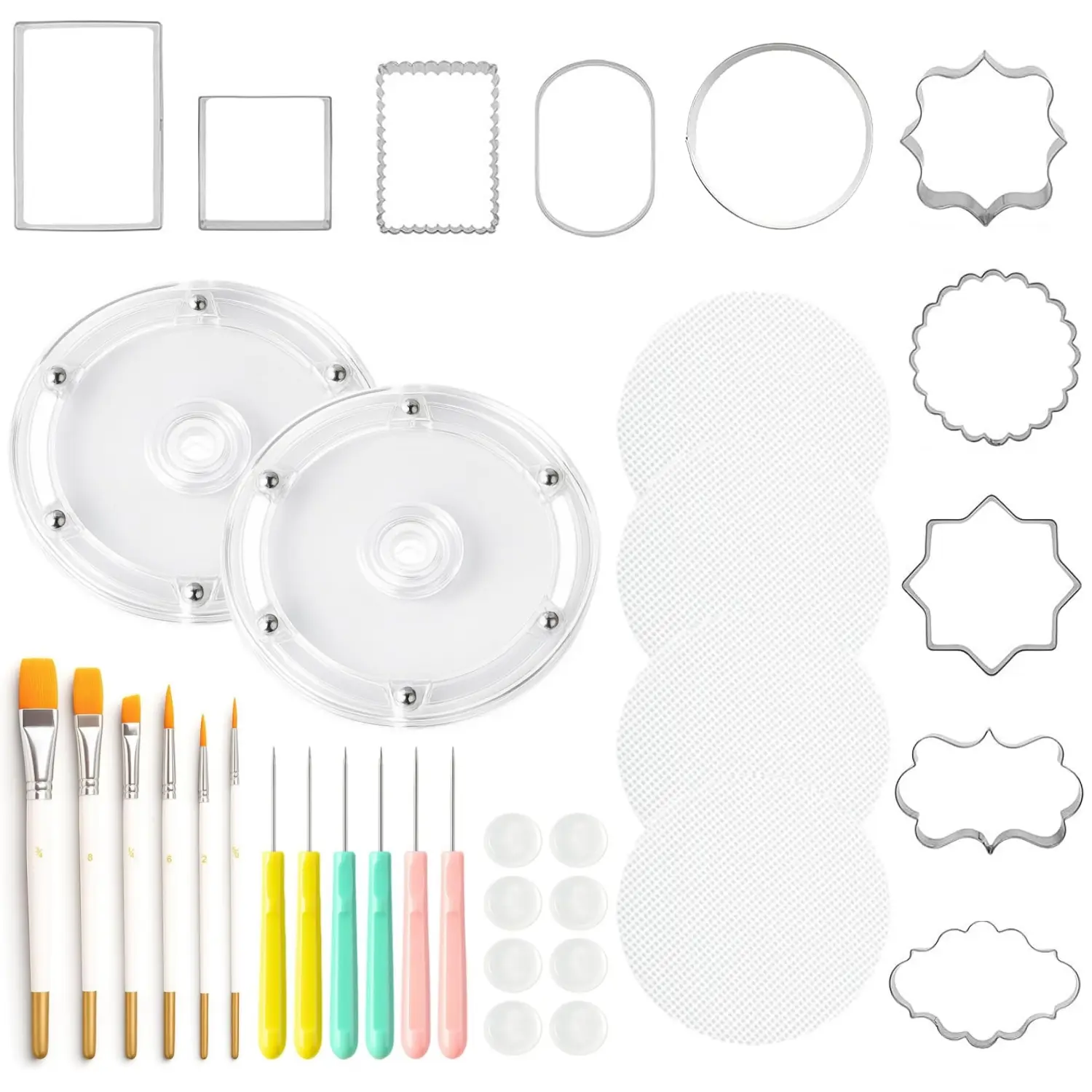36PCS Cookie Decorating Kit Supplies, Including 10 Biscuit Cutter Mold, 2 Acrylic Cookie Turntable, 6 Cookie Scribe Needle, 4 Silicone Mesh Mats, 6 Cookie Decoration Brushes and 8 Rubber Feet Bumpers for Baking Tools