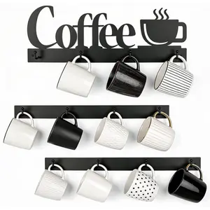3Pcs Coffee Mug Wall Rack Coffee Cup Holder Wall Mounted with Heavy Duty Hooks and Metal Coffees Sign Rustproof Tea Cup Hanger Display Decor for Kitchen Coffees Bar