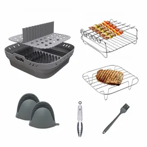 8 Pcs Set for Silicone Cooking, Microwave, and Air Fryers: Includes an air fryer mat, square silicone baking tray, rack, heat-resistant tongs, basting brush, food tongs, and a foldable, reusable food-grade silicone air fryer basket—suitable for air frye