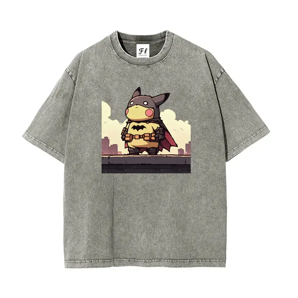 Men's Vintage Acid Wash Pika-Batman Graphic Tee - Heavyweight Cotton Fabric, Garment Dyed, Stretch, Short-Sleeve, Round Neck, Drop Shoulder Oversized Fit,summerwins,father'sdaygifts