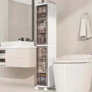 【Clearance/Fall Deals For You】KHNR Slim Bathroom Storage Cabinet with Wheels, Foldable Design with 2 Shelves, Narrow Rolling Organizer with Door for Small Spaces,Bathroom,Kitchen,Laundry,Clear Gray