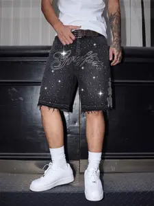 Men's Street Style Rhinestone Streetwear Jeans Shorts, Distressed Hem Straight Leg, Button Fly Loose Fit, American High Street Fashion