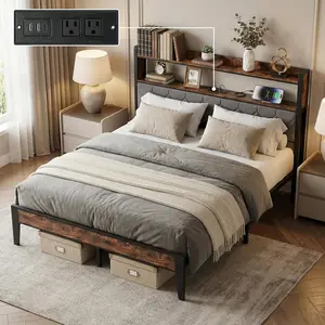 Luviyoo Bed Frame with Upholstered Headboard, Modern Metal Platform Bed with 2-Tier Storage Shelves and Charging Station, Heavy Duty Slats Support, No Box Spring Needed, Easy Assembly