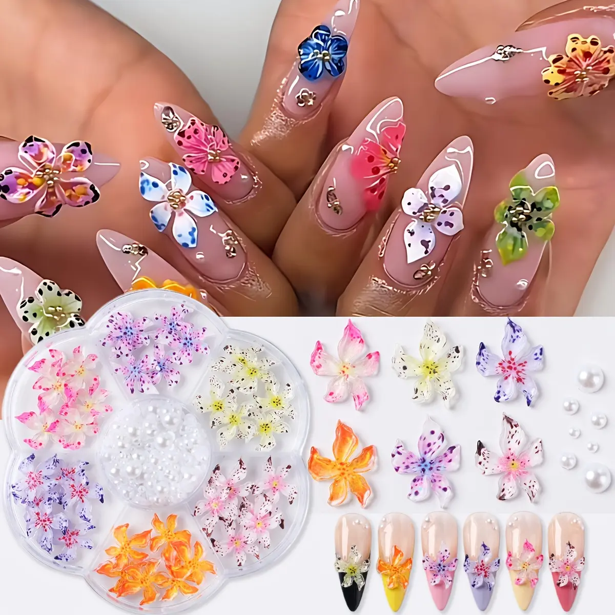 1 Box Y2K Leopard Print 3D Flower Nail Charms, Colorful Polka Dot Flowers with ABS White Faux Pearls, Valentine's Day Party DIY Nail Art Gems Decor Accessories