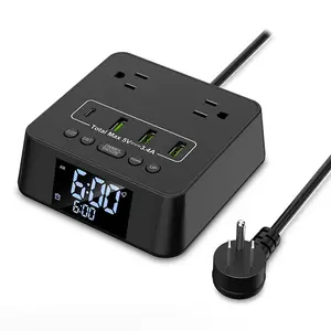 Alarm Clock with 4 USB Chargers Power Strip 2 Outlets 1700J Surge Protector Nightstand Dimmable Digital Clock with Dual Alarm and Snooze Function for Bedroom, Full Screen LCD Display