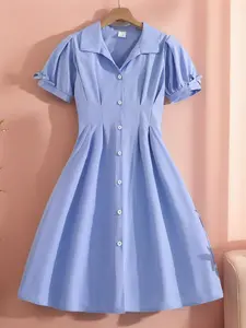Girls Blue Button Design Bubble Short Sleeve Collared Buttoned Dress with Pleated Details, Trendy Fashion Style for Summer Wear, Cute Kids Clothing