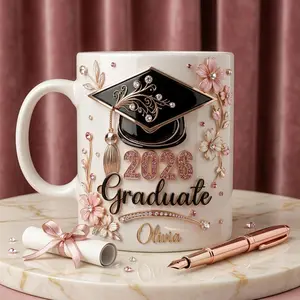 Custom Graduation Mug 2D Printed 3D Effect Coffee Cup, Personalized Name Class of 2026 Ceramic Keepsake for Students Graduates, Special Gift Idea for Daughter Her Sister Friend, College Graduation Celebration Present