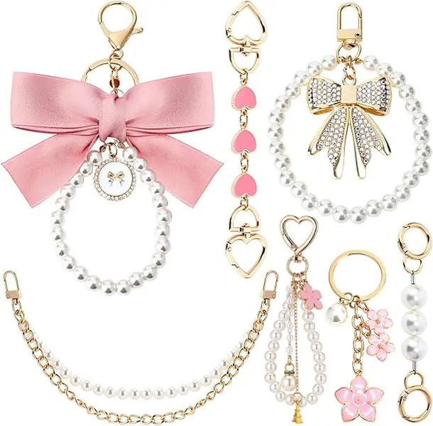 7 PCS Purse Charms Accessories Set with Chain Extender, Cherry Flower Bow Bag Charms for Handbags 7 PCS Purse Charms Accessories Set with Chain Extender, Cherry Flower Bow Bag Charms for Handbags