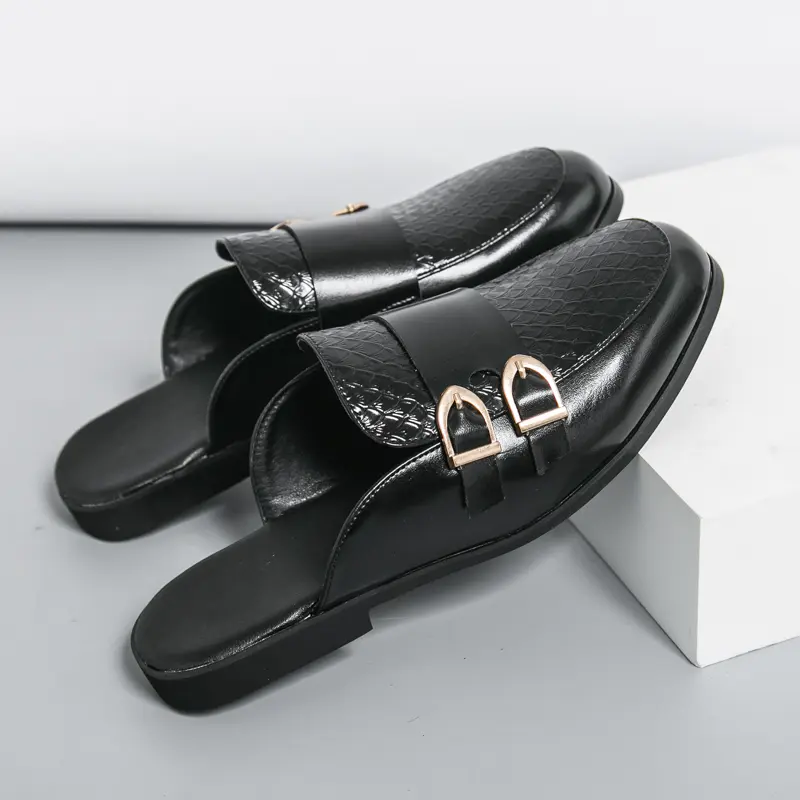 Men's Solid Faux Leather Slide Sandals, All Seasons Open-Toe Slip-on Dress Shoe for Party & Business Casual with Flexible Sole, Checked