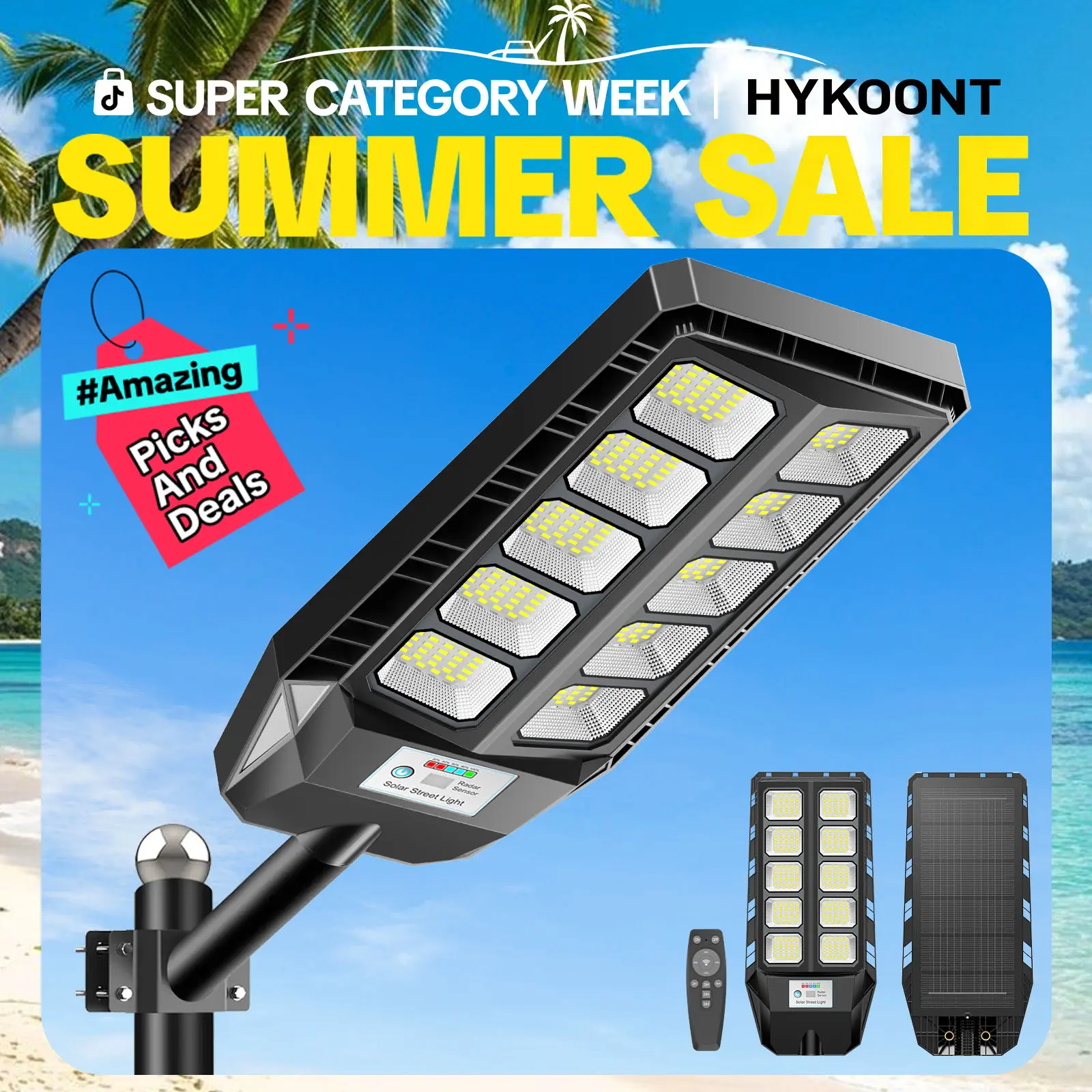HYKOONT TW001 Solar Street Lights Outdoor Waterproof, 6500K Solar Powered Street Lights with Remote Control, Dusk to Dawn Solar Flood Light Motion Sensor Solar Parking Lot Lights for Yard, Deck, Garden Lighting Safety Modern