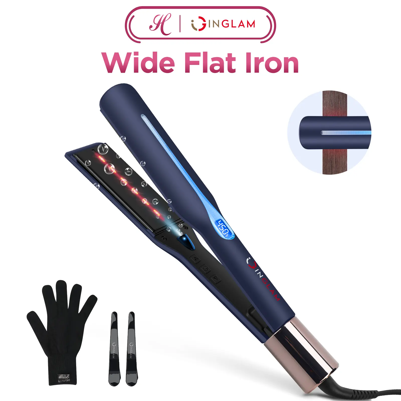 IG INGLAM 1.75in Wide Plate Titanium Salon-Grade Flat Iron - Unisex Adults' Plug-Powered US Plug Single Item Hair Straightener with 1-Swipe Results for Thick Curly Hair