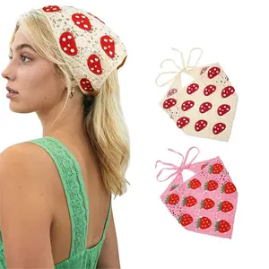 AWAYTR 2Pcs/Set Knitted Hair Scarves Headwraps Crochet Bandana Hair Tie Back Kerchiefs with Strawberries Mushroom Pattern for Women Girls