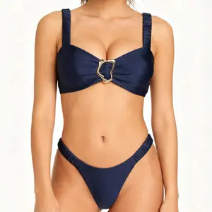 SEAMOLY Women's 2-Piece Wire-Free Ruched Ribbed High-Leg Thong Solid Color Bikini Set - Midnight Blue with Metallic Accents, Convertible Straps, for Sports & Outdoor Use, Ruched Ribbed Bikini