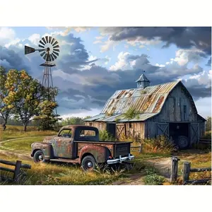 5D Diamond Painting Kit - Rustic Farmhouse with Old Truck & Windmill, Full Drill DIY Art for Country Home Decor, For Farm Enthusiasts, Nostalgic Gift Giving, Diamond Pattern Design