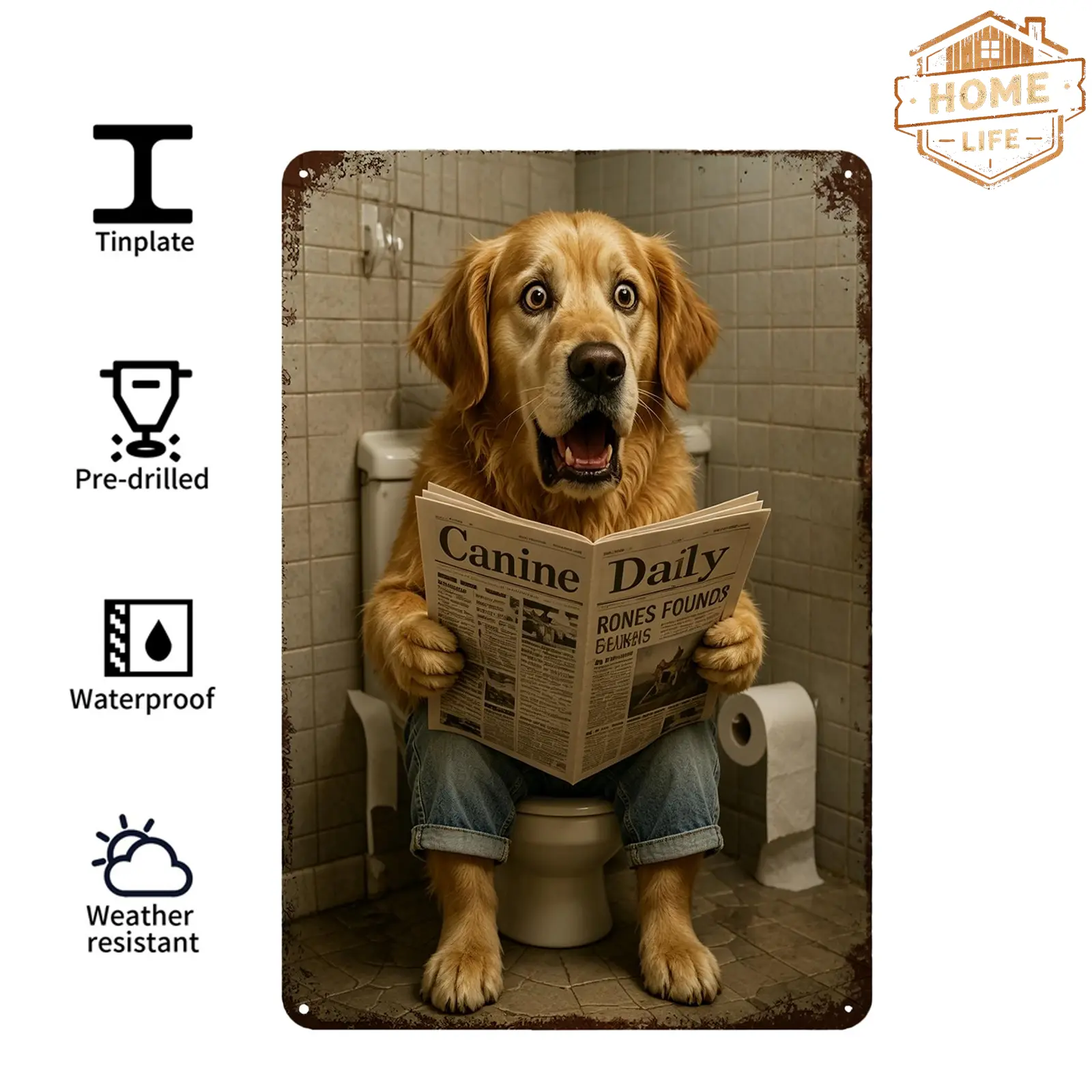 Retro Aluminum Metal Poster, Funny Animals On Toilet Reading Newspaper Tin Plate Sign, 8 x 12 Inch Waterproof Rustproof Wall Hanging Decor for Bathroom Restroom, The dog reads the newspaper