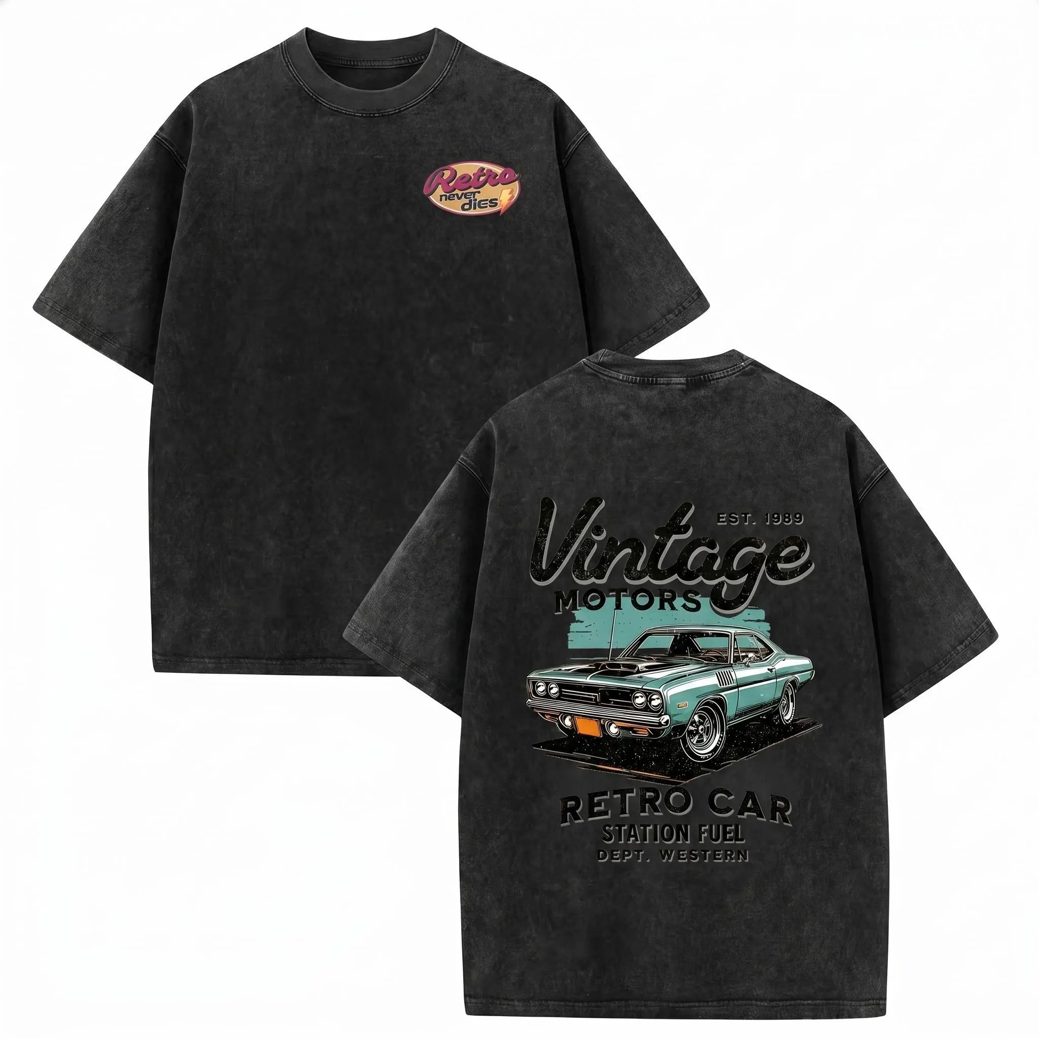 MoodTees Vintage Washed Classic Car Graphic T-Shirt – Retro Muscle Car Print Tee, American Streetwear Shirt, Casual Short Sleeve Crewneck, 100% Cotton, Soft Breathable Fabric, Comfortable Relaxed Fit, Perfect for Everyday Wear, Car Lovers, Gifts