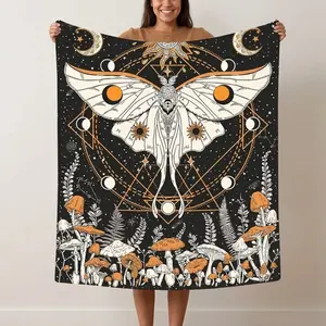 Mushroom Throw Blanket Soft Cozy Aesthetic Blanket Psychedelic Sun Moon Stars Indie Room Decor Boho Blanket Teen Bedroom Dorm Decor Hippie Cosmic Art Blanket Home Sofa Bed All Season Comfort