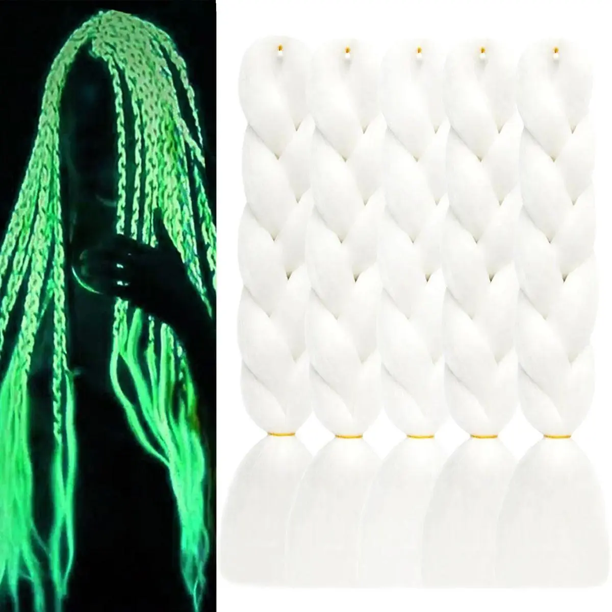 5pcs Glow in the Dark Hair 24inch White Braiding Hair Pre Stretched Colored Hair Extensions for Braiding Luminous Jumbo Braids for Kids Girls Women for Christmas