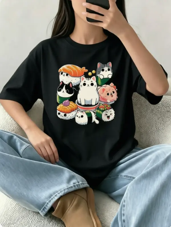 Women's Summer Soft Breathable Cotton Crew Neck Oversize Tee - Cute Cartoon Sushi Kitten Japanese Food Graphics, Loose Heat Transfer Top for Cat & Sushi Lovers' Casual Everyday Outfits