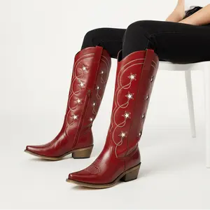 REDTOP Red Starry Embroidered Cowgirl Boots with Bold Detailing Premium Classic Western Design Comfortable Heel Women's Footwear