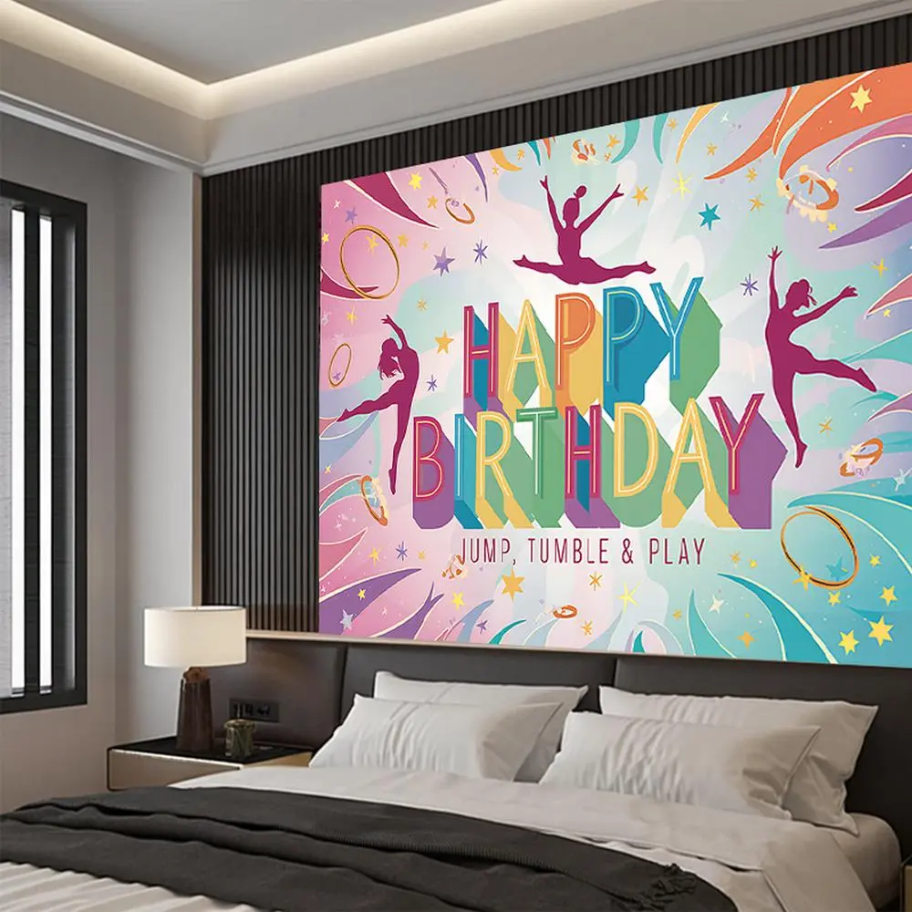 1pc Vibrant Multicolor Reusable Polyester Fitness Theme Party Banner, Gymnast Silhouette Decor with "Happy Birthday" Text, Stars & Confetti, Home Wall Celebration Party Decorations Banners