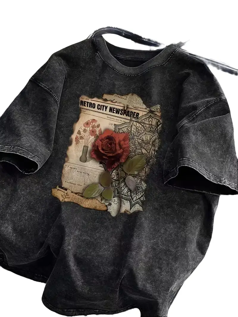 Women's 100% Cotton Short-Sleeve Breathable Vintage Washed Newspaper Rose Oversized T-Shirt, Retro Floral Geometric Graphic Tee, Dark Academia Streetwear Top