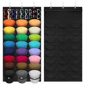 Hat Organizer Racks for Baseball Caps and Sunglasses Over-the-Door Storage for Baseball Caps & Sport Hats Hat Rack for Wall with Hooks with 24 Pockets & 9 Sunglasses Pockets