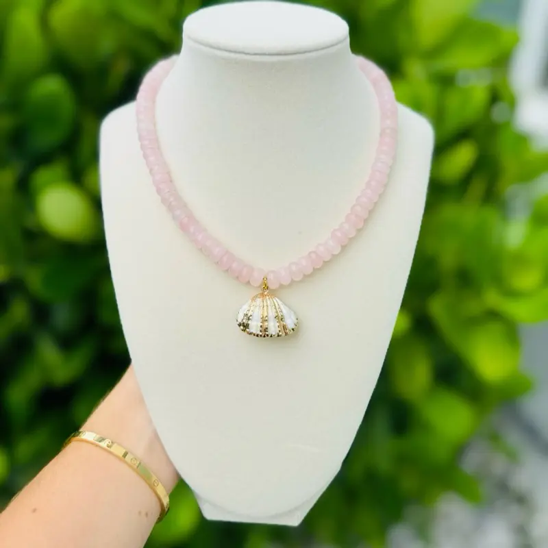 Handmade Beach-Inspired Jewelry Crafted from Seashells Natural Stones and Ocean-Colored Beads Pink Quartz Necklace