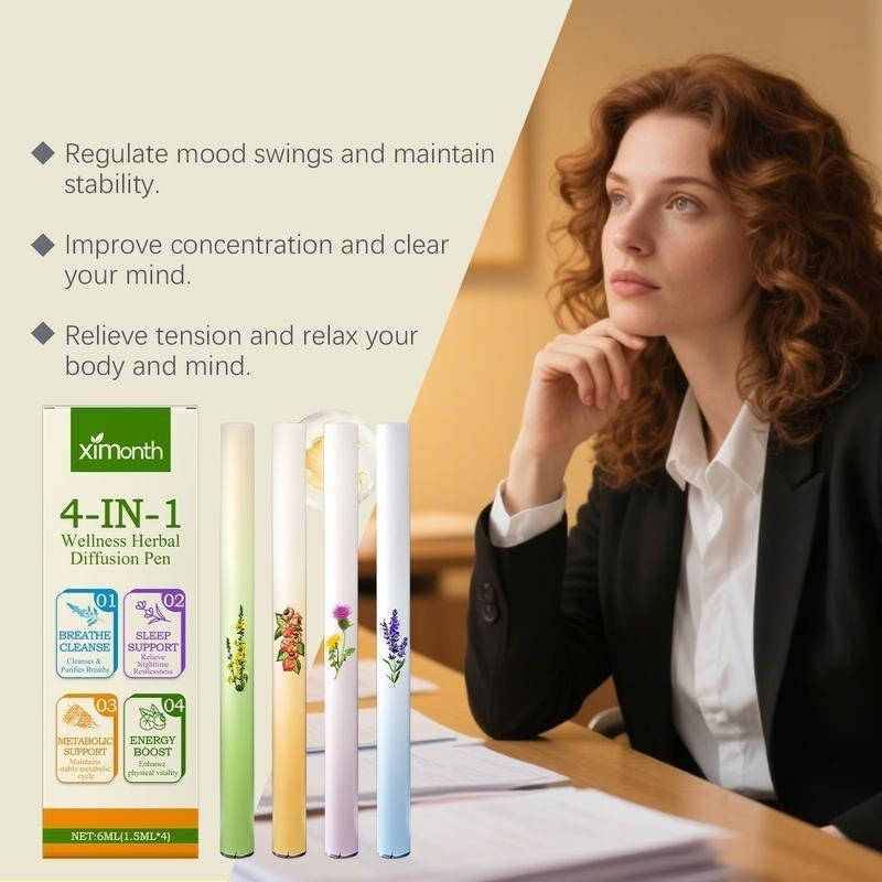 XIMONTH 4-IN-1 Wellness Herbal Diffusion Pen Thyme & Mint Extracts for Lung Detoxification Oral Air Freshening Relaxation Stick Solution