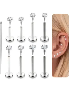 Gold Plated Flat Back Stud Earrings - 316L Steel Internal Thread CZ Stud Piercing Jewelry for Tragus Helix Cartilage Conch Nose Hypoallergenic Lip Labret Medusa Piercing 16G 18G