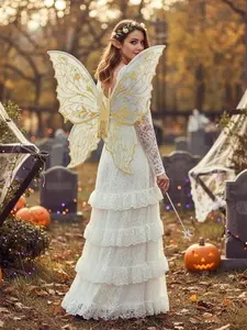 Adult, Women & Girl Fairy Wings Costume Set, Includes Wreath, Magic Wand, Elf Ears, Organza Butterfly Wings, Perfect for Role-Playing Parties, Flower