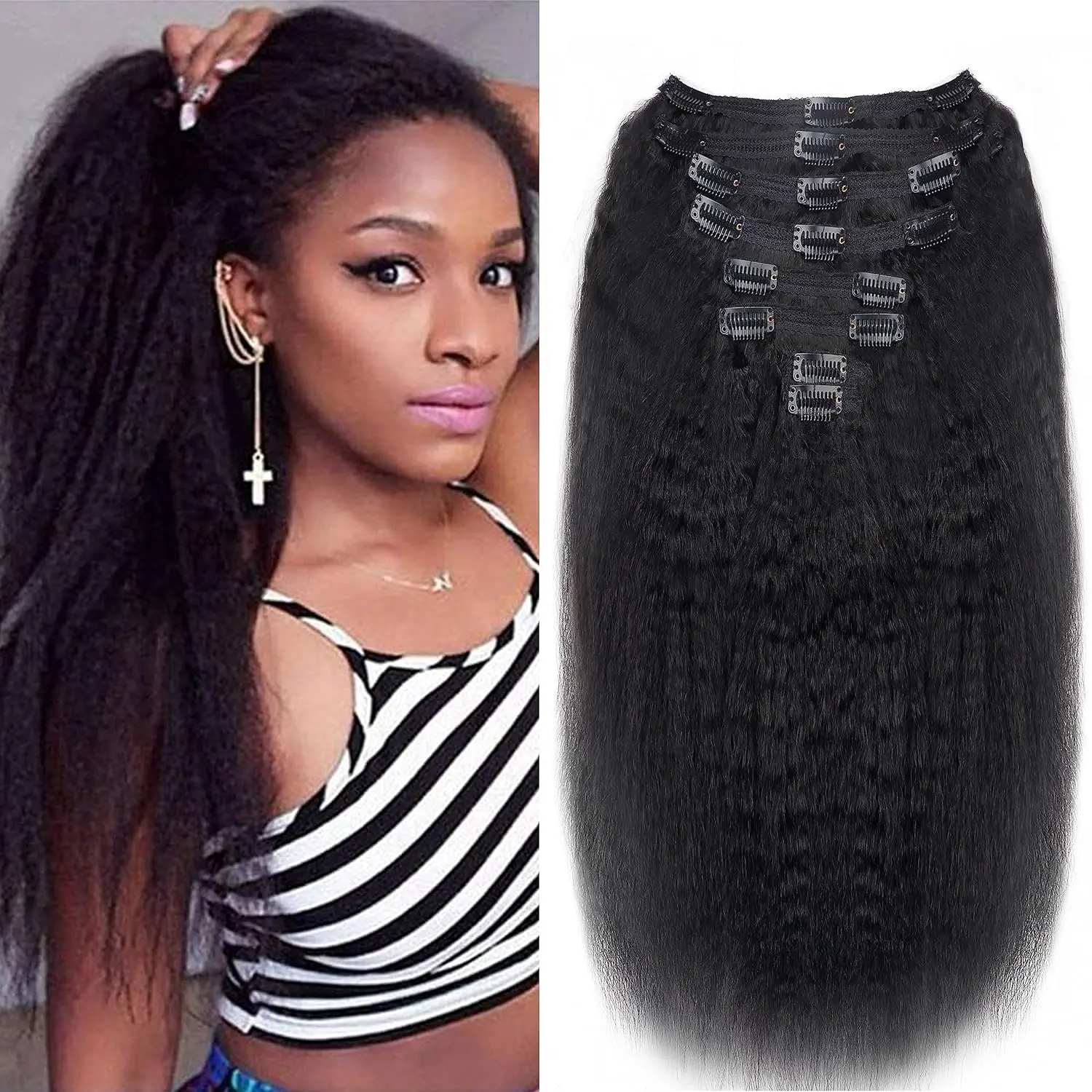 Clip in Hair Extensions Real Human Hair Clip ins Double Weft Kinky Straight Clip ins for Women 120g 8pcs Clip on Hair Extensions Human Hair