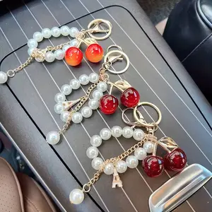 Stylish Cherry Imitation Pearl Chain Keychain Pendant Women's Charm Double Cherry Car Key Chain Gift Sparkling White Iron Tower Elegant Design Versatile Use