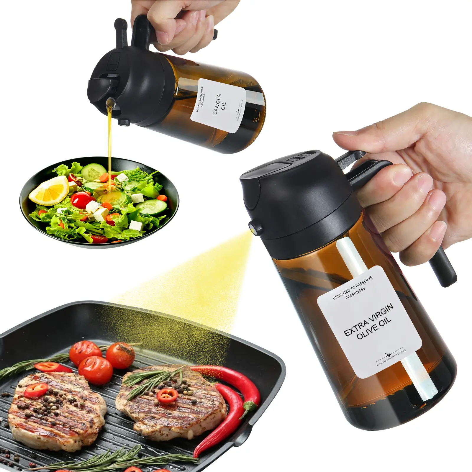 ROCIRLAB 16oz Amber Light-Blocking Olive Oil Dispenser Bottle - Versatile Sprayer & Pourer for Cooking, Air Fryer, Baking, Salad, and BBQ