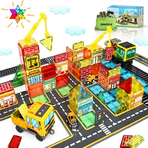 60pc Magnetic Tiles Road Set with 2 Cranes, Creative Construction Toys for Kids Ages 3-12, Boys & Girls, Dentist & Engineering Themed Building Blocks
