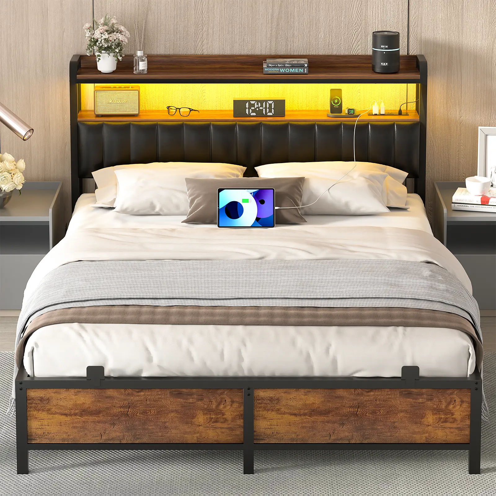 Homieasy Bed Frame with Charging Station and LED Lights, Adjustable Upholstered Headboard, Steel Slat Support, No Box Spring Needed, Rustic Brown king  bed Unique Bedroom Furniture
