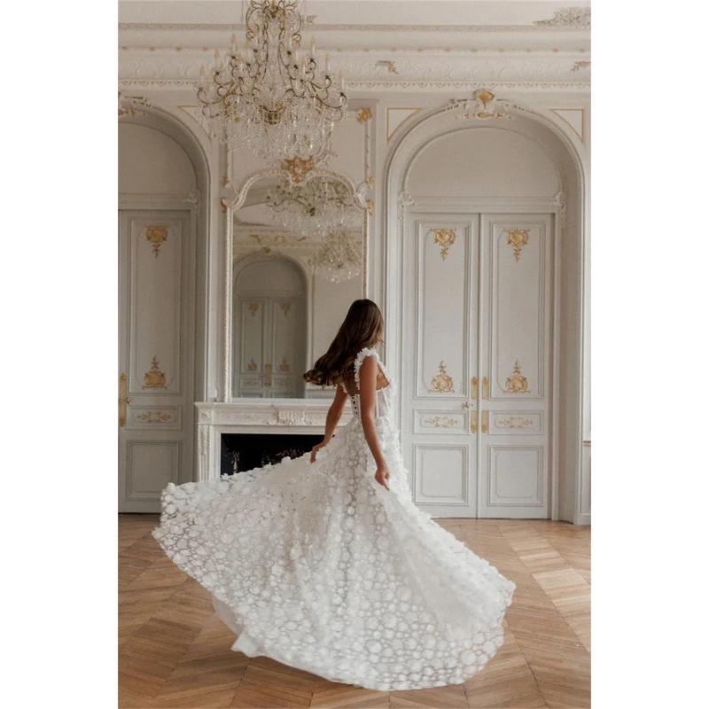 Cathy White 3D Flower Prom Dresses Lace-up Back A-line vestidos de noche Elegant Sleeveless Side High Split Formal Evening 2024 Womenswear Comfort