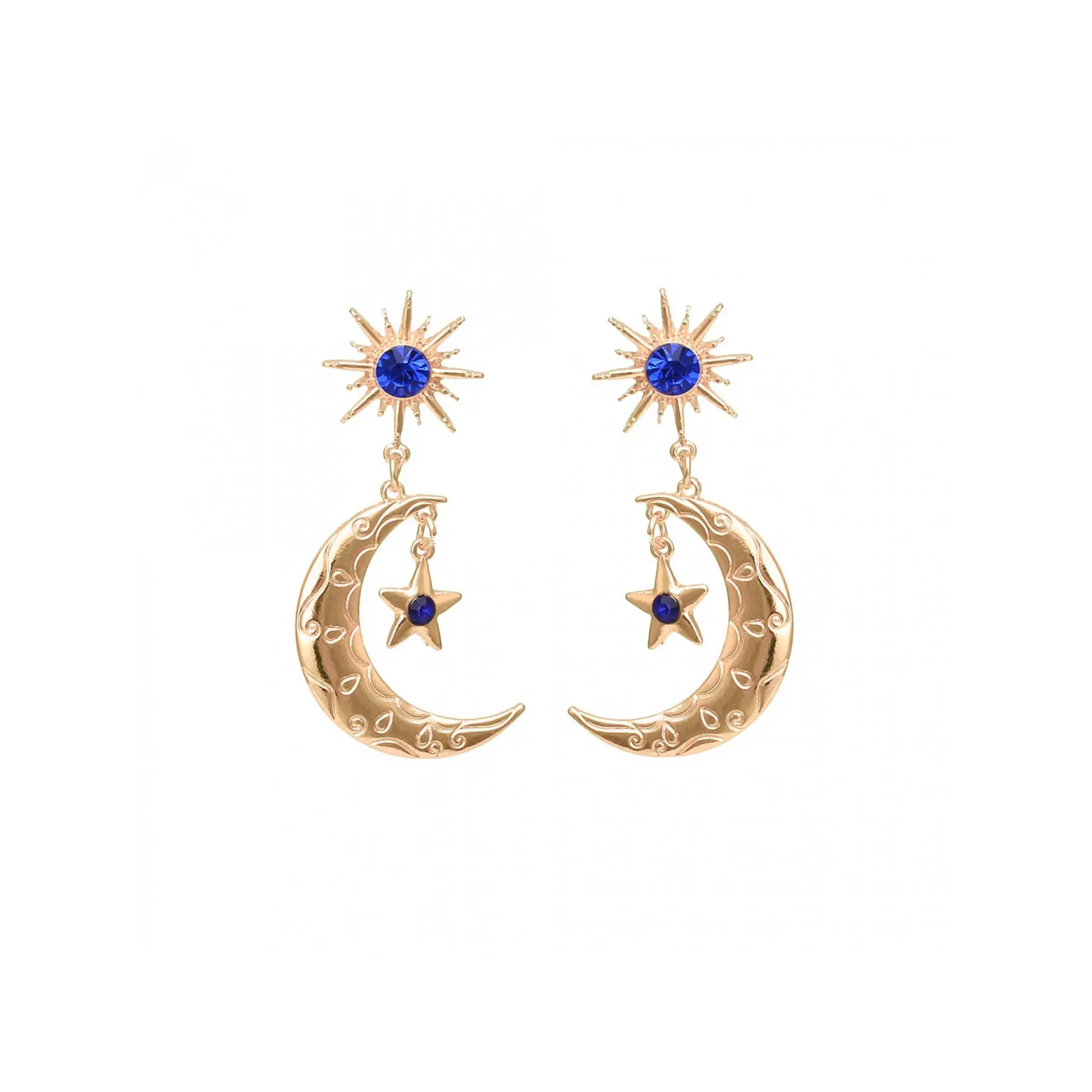 Vintage Astrology Style Earrings for Women, Handcrafted Gilded Star and Moon with Sapphire Accents, 1960s Inspired Evening Jewelry, Retro Astrology, 6.2Cm, Hypoallergenic Earrings Set, Relief Texture, Drop Earrings