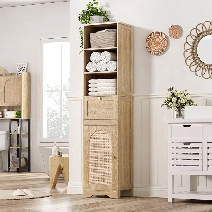 [Summergarden] Vabches 67''H Bathroom Storage Cabinet with Rattan Doors and Slide storage, Tall narrow standing Tower Cabinet with Adjustable Shelves, Small Bathroom Floor Cabinet for Entryway, Kitchen, Natural