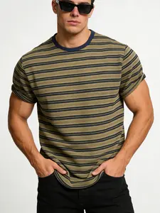 Men's Knitted Jacquard Striped Crew Neck Short Sleeve T-Shirt, Casual Soft Breathable Tee for Summer, Gym, and Daily Wear
