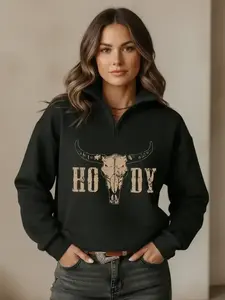 Women's Casual Loose-Fit Oversized Half-Zip Pullover Sweatshirt, Western Cowboy Print, High Neck, Lightweight Comfortable, Perfect for Fall & Winter