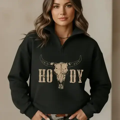 Women's Casual Style Loose-Fit Baggy Oversized Long Sleeve Half-Zip Pullover Sweatshirt, Western Cowboy Animal Print, Collared High Neck, Lightweight Comfortable, Perfect for Fall & Winter, Casual Pullover Tops, Casual Fashion Sweatshirt